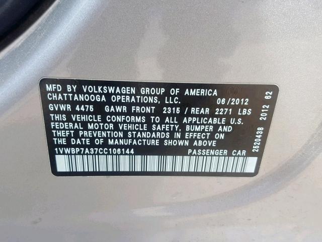 1VWBP7A37CC106144 - 2012 VOLKSWAGEN PASSAT SE SILVER photo 10