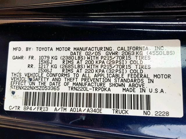 5TENX22NX5Z053365 - 2005 TOYOTA TACOMA BLUE photo 10