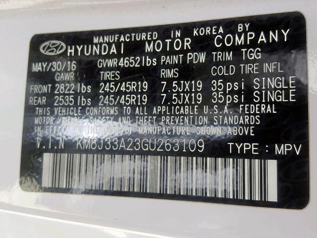 KM8J33A23GU263109 - 2016 HYUNDAI TUCSON LIM WHITE photo 10