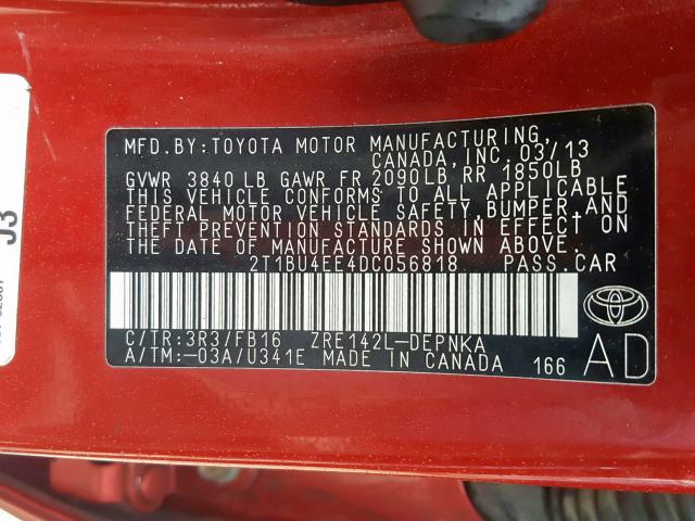 2T1BU4EE4DC056818 - 2013 TOYOTA COROLLA BASE  photo 10