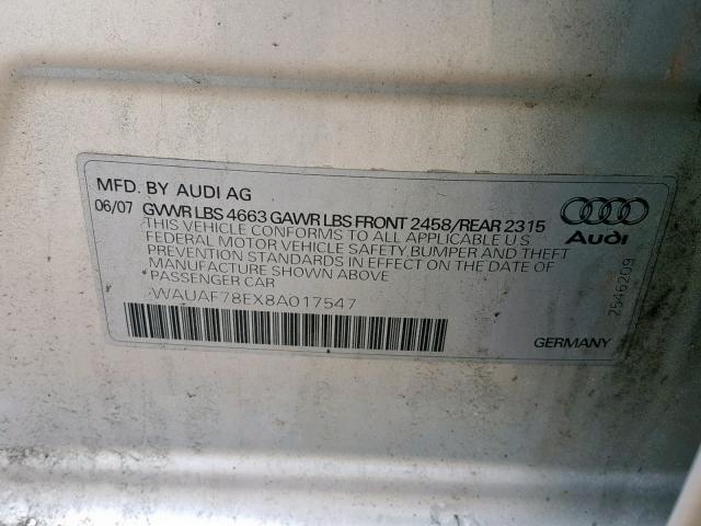 WAUAF78EX8A017547 - 2008 AUDI A4 2.0T SILVER photo 10