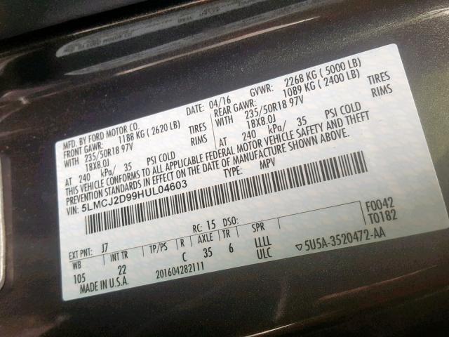 5LMCJ2D99HUL04603 - 2017 LINCOLN MKC SELECT CHARCOAL photo 10