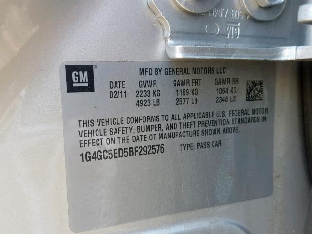 1G4GC5ED5BF292576 - 2011 BUICK LACROSSE C SILVER photo 10
