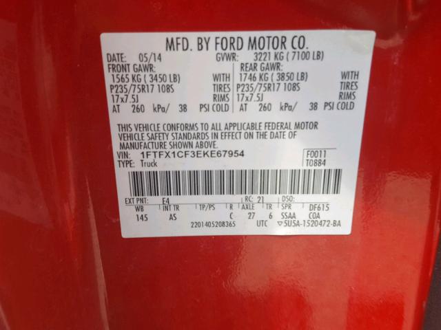 1FTFX1CF3EKE67954 - 2014 FORD F150 SUPER RED photo 10