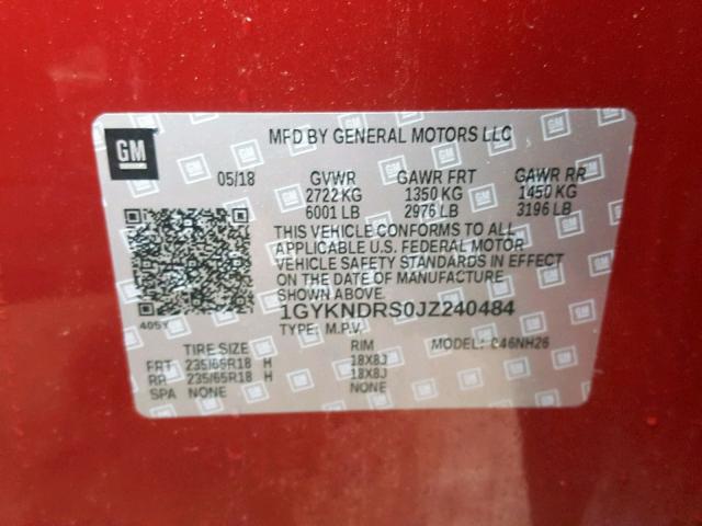 1GYKNDRS0JZ240484 - 2018 CADILLAC XT5 LUXURY RED photo 10