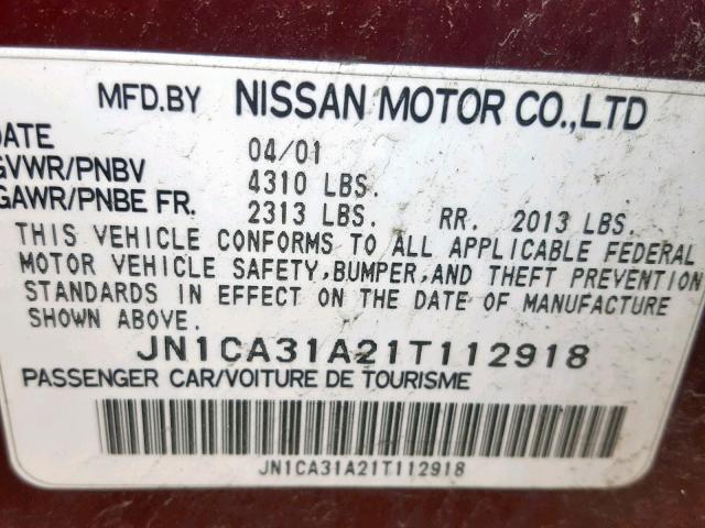 JN1CA31A21T112918 - 2001 NISSAN MAXIMA GXE BURGUNDY photo 10