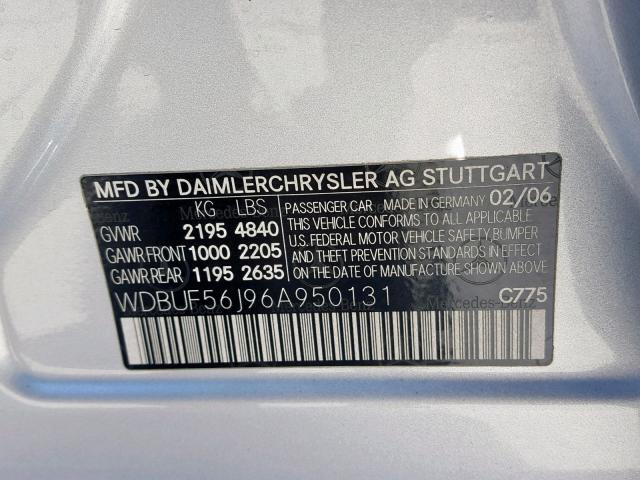 WDBUF56J96A950131 - 2006 MERCEDES-BENZ E 350 SILVER photo 10