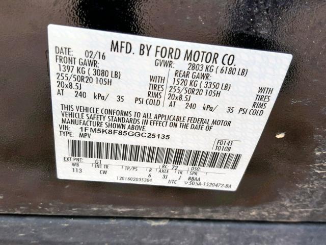 1FM5K8F85GGC25135 - 2016 FORD EXPLORER L BLACK photo 10