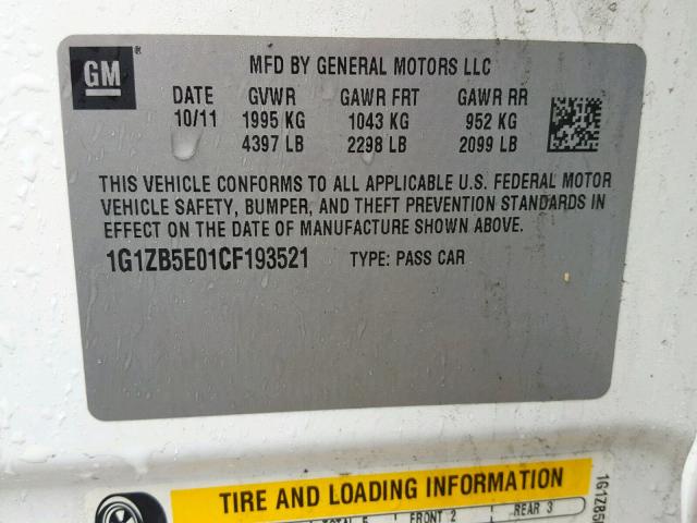 1G1ZB5E01CF193521 - 2012 CHEVROLET MALIBU LS WHITE photo 10