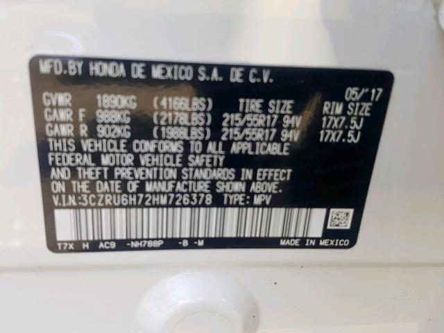 3CZRU6H72HM726378 - 2017 HONDA HR-V EXL WHITE photo 10