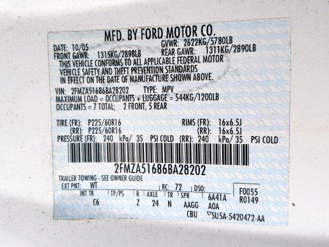 2FMZA51686BA28202 - 2006 FORD FREESTAR S WHITE photo 10