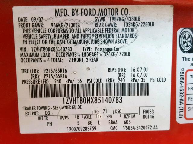 1ZVHT80NX85140783 - 2008 FORD MUSTANG RED photo 10