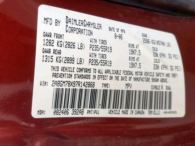 2A8GM78X97R142868 - 2007 CHRYSLER PACIFICA L MAROON photo 10