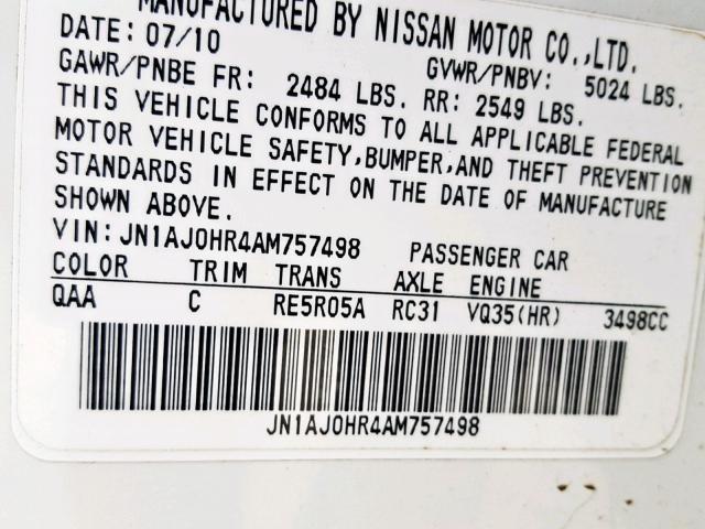 JN1AJ0HR4AM757498 - 2010 INFINITI EX35 BASE WHITE photo 10