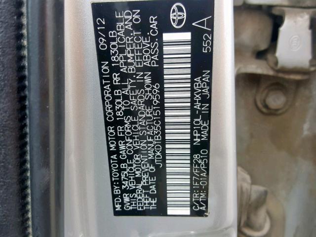 JTDKDTB35C1519596 - 2012 TOYOTA PRIUS C SILVER photo 10