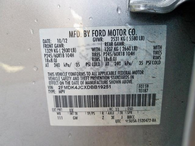 2FMDK4JCXDBB19251 - 2013 FORD EDGE SEL  photo 10