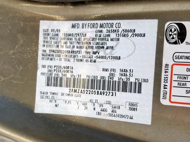 2FMZA52205BA92731 - 2005 FORD FREESTAR S GRAY photo 10