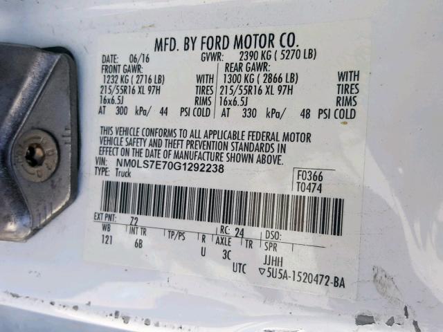 NM0LS7E70G1292238 - 2016 FORD TRANSIT CO WHITE photo 10