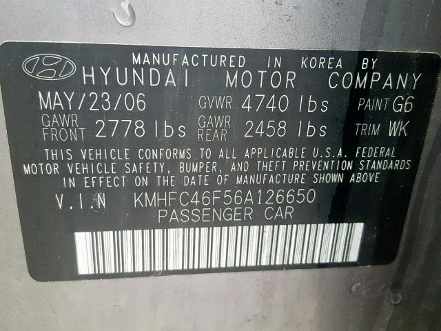 KMHFC46F56A126650 - 2006 HYUNDAI AZERA SE GRAY photo 10