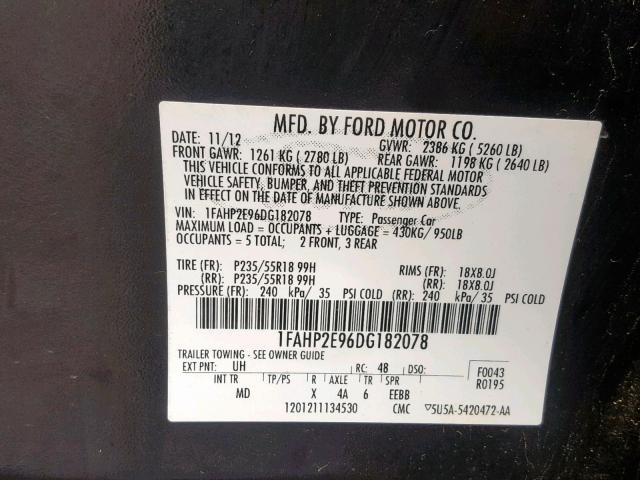 1FAHP2E96DG182078 - 2013 FORD TAURUS SEL BLACK photo 10