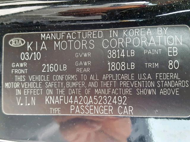 KNAFU4A20A5232492 - 2010 KIA FORTE EX BLACK photo 10