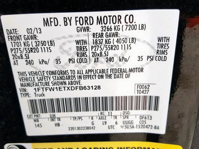 1FTFW1ETXDFB63128 - 2013 FORD F150 SUPER BLACK photo 10