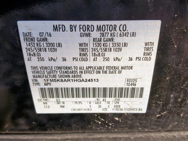 1FM5K8AR1HGA24513 - 2017 FORD EXPLORER P BLACK photo 10