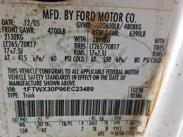 1FTWX30P96EC23489 - 2006 FORD F350 SRW S WHITE photo 10