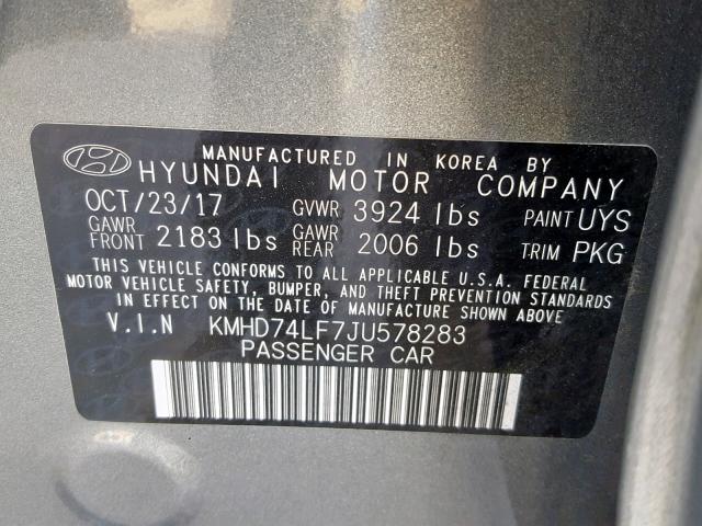 KMHD74LF7JU578283 - 2018 HYUNDAI ELANTRA SE CHARCOAL photo 10