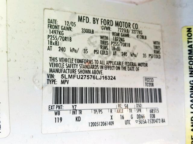 5LMFU27576LJ16324 - 2006 LINCOLN NAVIGATOR Blanc photo 10