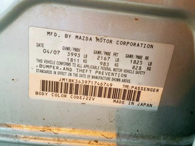 JM1BK343971746749 - 2007 MAZDA 3 HATCHBAC SILVER photo 10