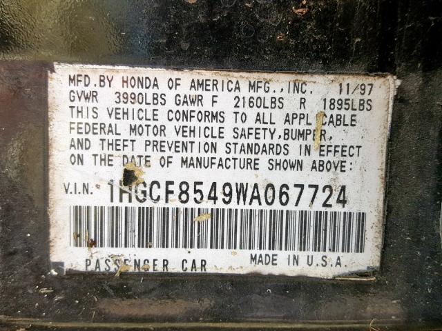 1HGCF8549WA067724 - 1998 HONDA ACCORD DX BLACK photo 10