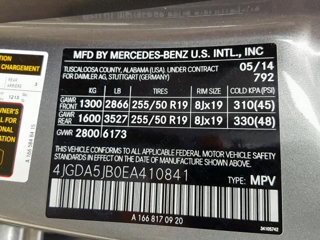 4JGDA5JB0EA410841 - 2014 MERCEDES-BENZ ML 350 SILVER photo 10