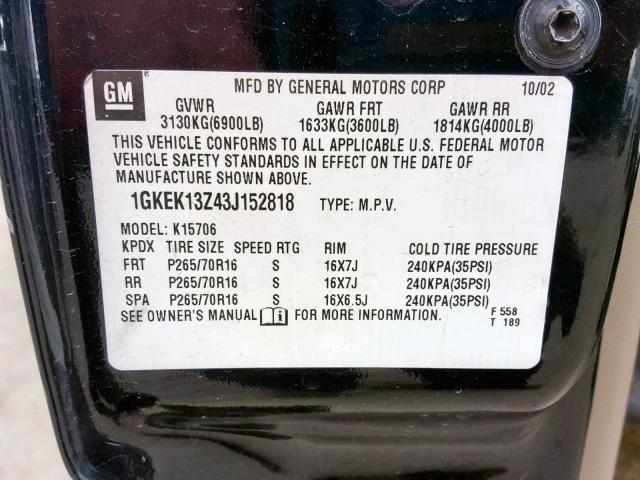 1GKEK13Z43J152818 - 2003 GMC YUKON BLACK photo 10