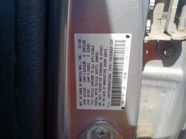 1HGCP26848A073090 - 2008 HONDA ACCORD EXL SILVER photo 10