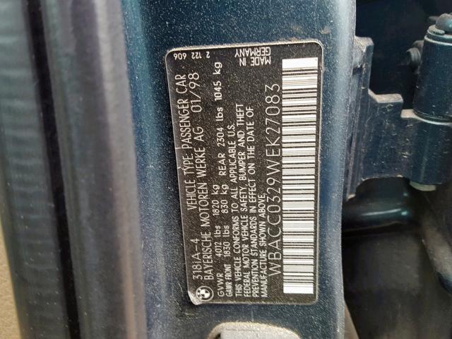 WBACC0329WEK27083 - 1998 BMW 318 I AUTO GRAY photo 10