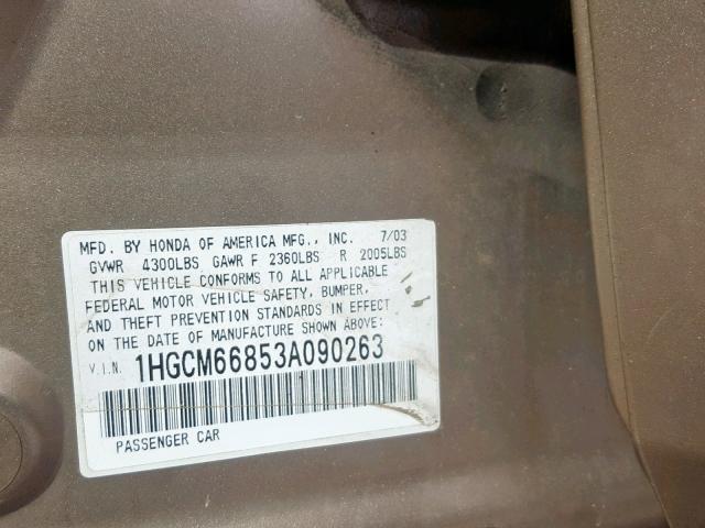 1HGCM66853A090263 - 2003 HONDA ACCORD EX GOLD photo 10