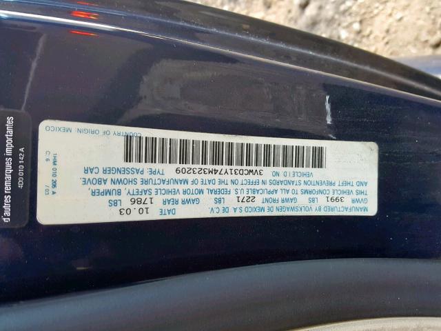 3VWCD31Y74M323209 - 2004 VOLKSWAGEN NEW BEETLE 蓝色 照片 10