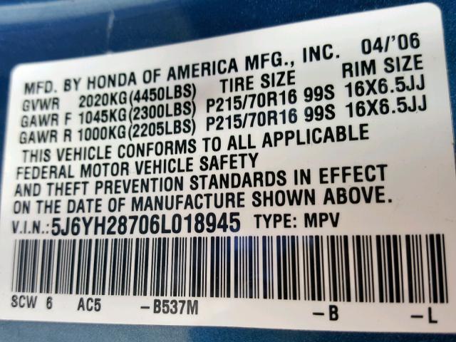 5J6YH28706L018945 - 2006 HONDA ELEMENT EX BLUE photo 10