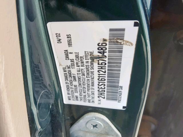 2HGES16112H575486 - 2002 HONDA CIVIC DX GREEN photo 10