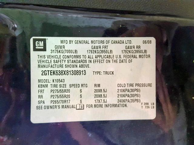 2GTEK638X81308913 - 2008 GMC NEW SIERRA BLACK photo 10