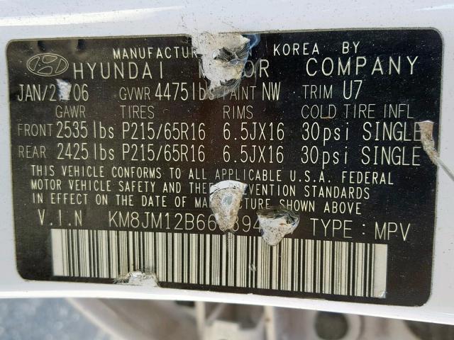 KM8JM12B66U394887 - 2006 HYUNDAI TUCSON GL WHITE photo 10