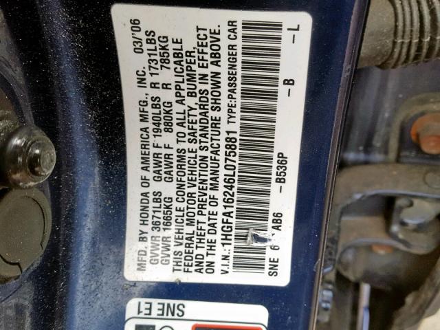 1HGFA16246L075881 - 2006 HONDA CIVIC DX BLUE photo 10