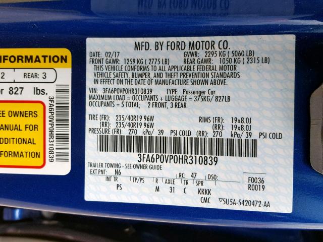 3FA6P0VP0HR310839 - 2017 FORD FUSION SPO BLUE photo 10