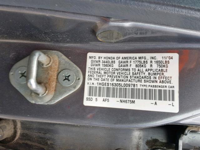 1HGES16305L009781 - 2005 HONDA CIVIC DX V GRAY photo 10