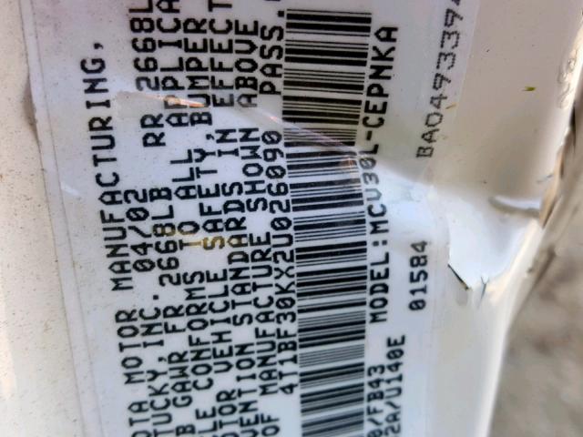 4T1BF30KX2U026090 - 2002 TOYOTA CAMRY LE WHITE photo 10