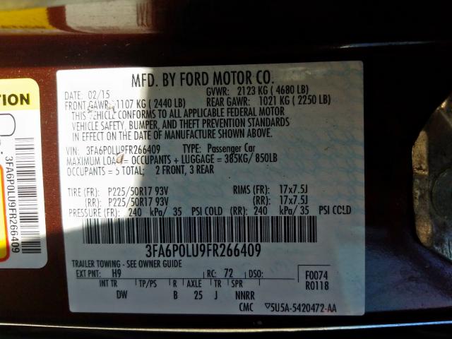 3FA6P0LU9FR266409 - 2015 FORD FUSION SE HYBRID  photo 10