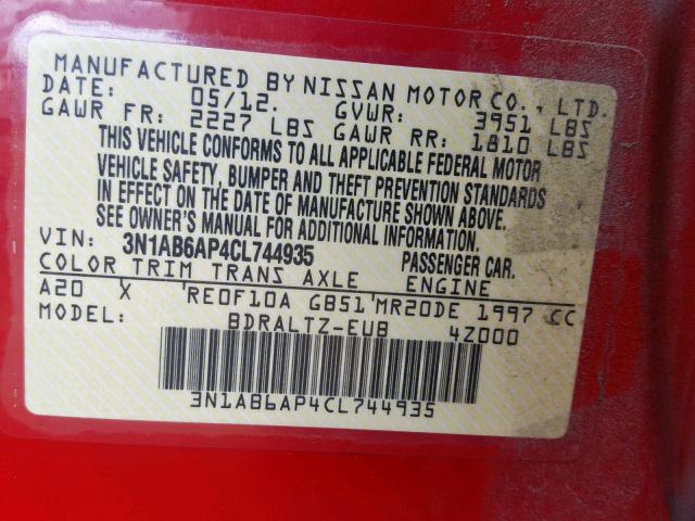 3N1AB6AP4CL744935 - 2012 NISSAN SENTRA 2.0 RED photo 10