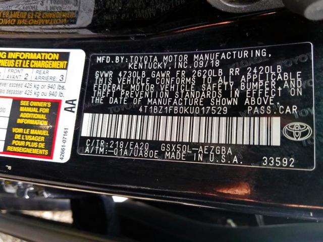 4T1BZ1FB0KU017529 - 2019 TOYOTA AVALON XLE BLACK photo 8