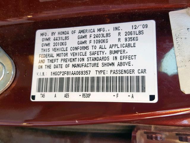 1HGCP2F81AA069357 - 2010 HONDA ACCORD EXL BURGUNDY photo 10